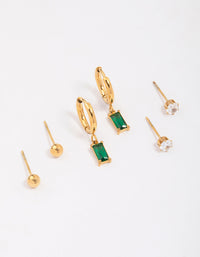 Gold Plated Surgical Steel Emerald Cubic Zirconia Earring 3-Pack - link has visual effect only