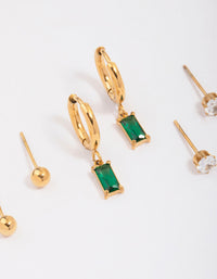 Gold Plated Surgical Steel Emerald Cubic Zirconia Earring 3-Pack - link has visual effect only