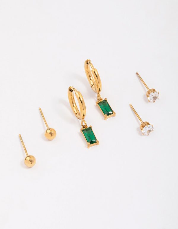 Gold Plated Surgical Steel Emerald Cubic Zirconia Earring 3-Pack