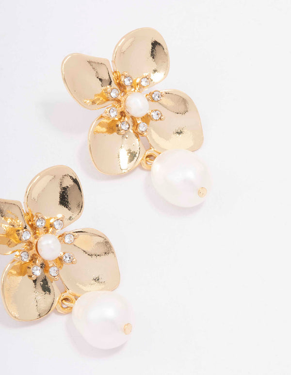 Gold Plated Crystal Flower Pearl Drop Earrings Lovisa