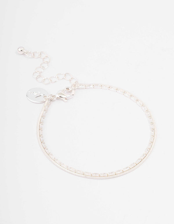 Silver Plated Cubic Zirconia Dainty Baguette Layered Bracelet