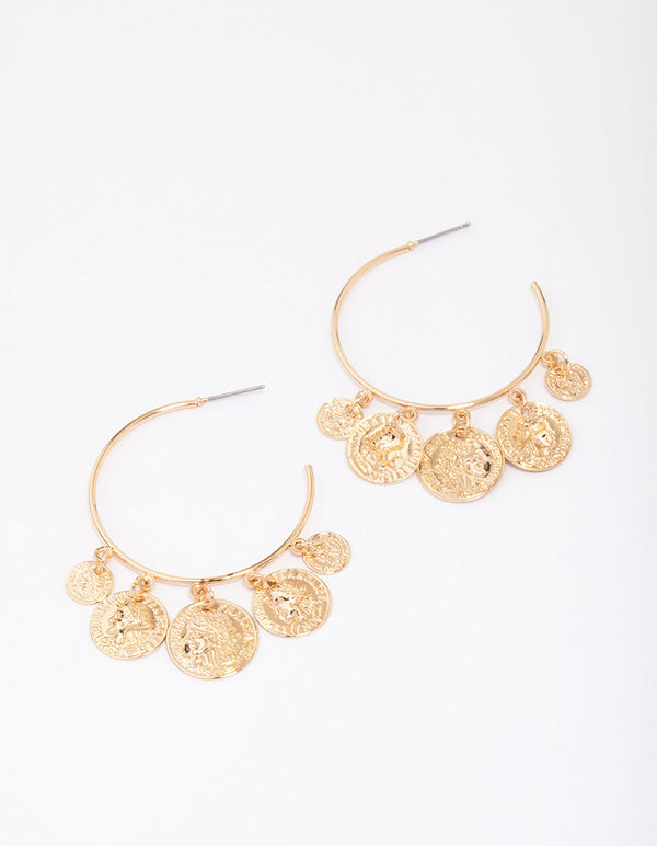 Gold Coin Droplet Hoop Earrings