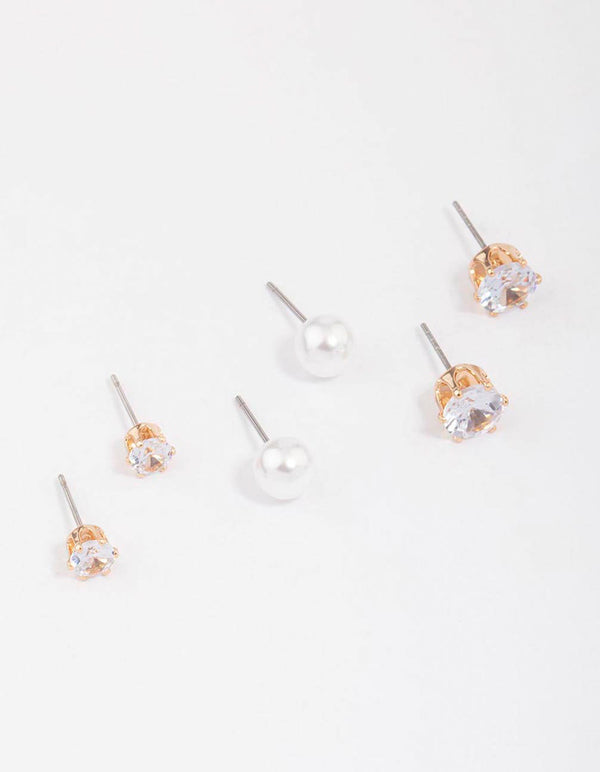 Gold Pearl & Diamante Stud Earring 3-Pack