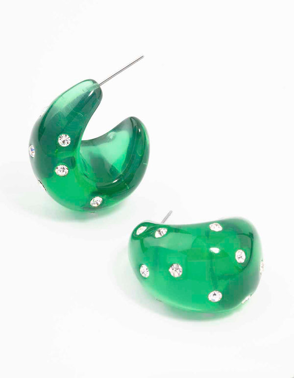 Green Acrylic Chunky Diamante Hoop Earrings