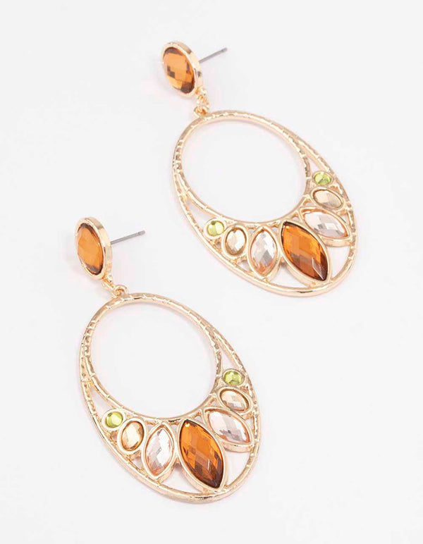 Gold Multi Gem Oval Drop Earrings