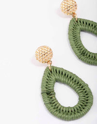 Gold & Green Oval Raffia Stud Drop Earrings - link has visual effect only