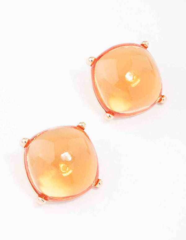 Gold Large Amber Square Stud Earrings