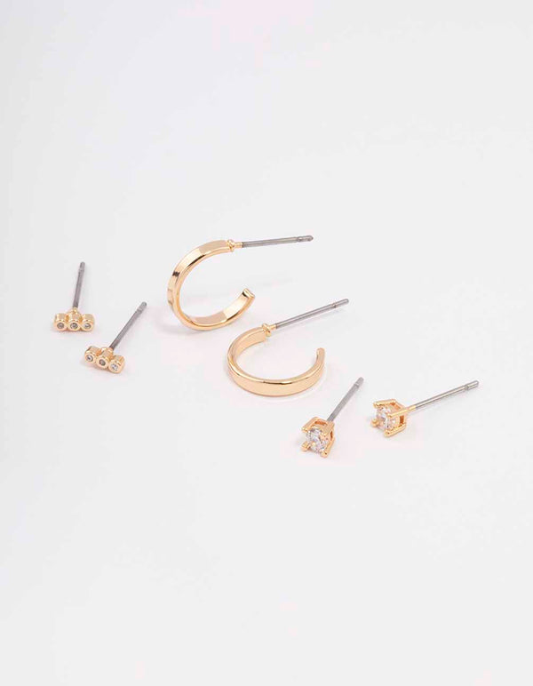 Gold Cubic Zirconia Huggie & Stud Earring 3-Pack