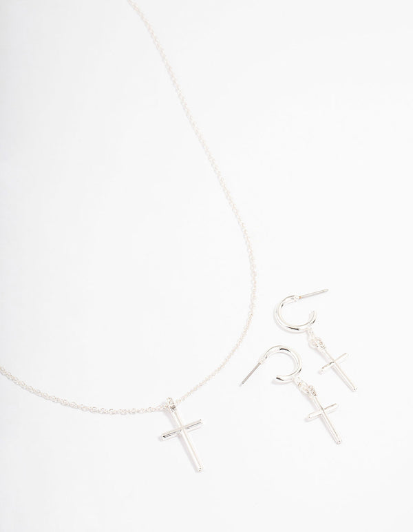 Silver Plated Sleek Cross Necklace & Earring Jewellery Set