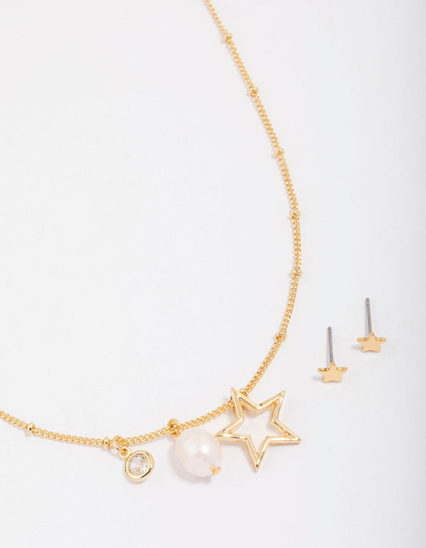 Gold Plated Star Charm Necklace & Earring Jewellery Set