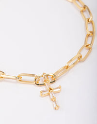 Gold Plated Cross Charm Chain Bracelet - link has visual effect only