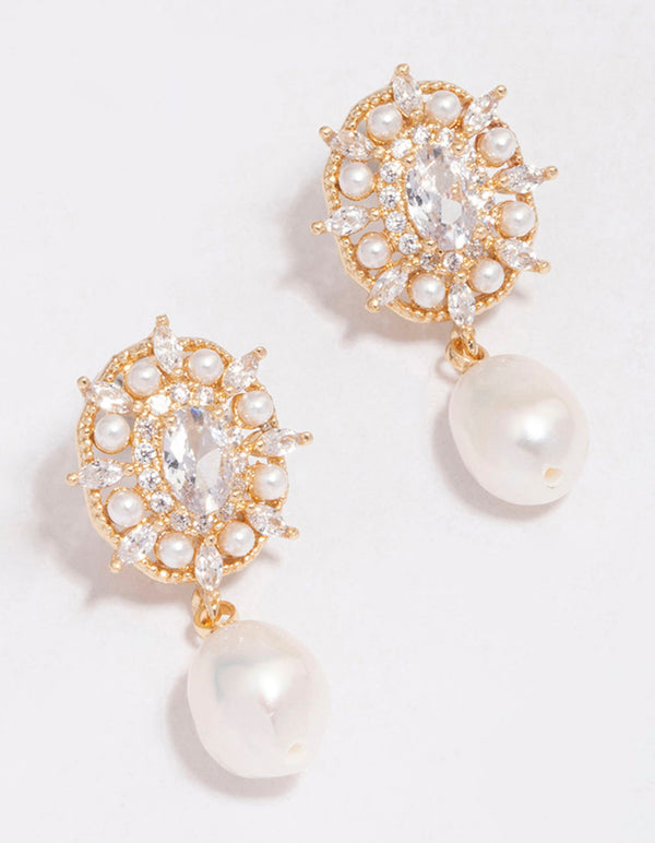 Gold Plated Freshwater Pearl Halo Drop Earrings