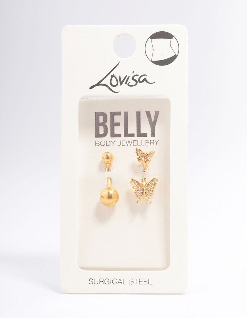 Gold Plated Double Butterfly Belly Piercing Pack - Lovisa