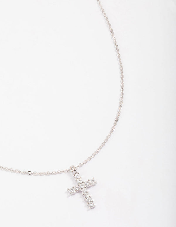 Silver Bezel Diamante Cross Necklace