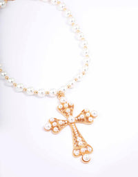 Gold Pearl Large Cross Pendant Necklace - link has visual effect only