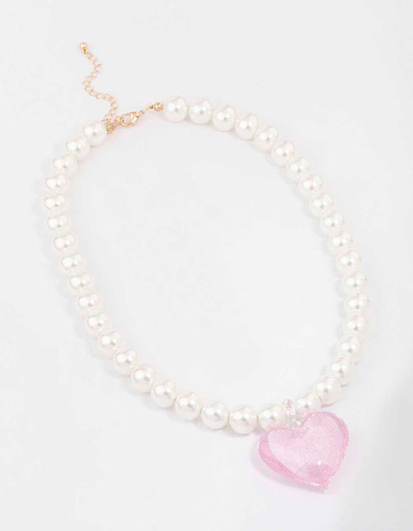 Gold & Pink Pearl Puffy Heart Necklace