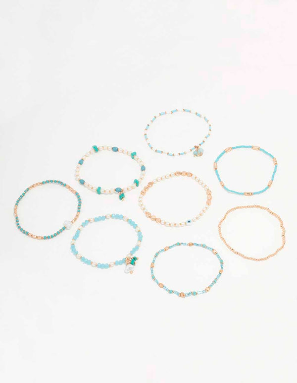 Gold Mixed Facet Pearly Beaded Stretch Bracelet Pack