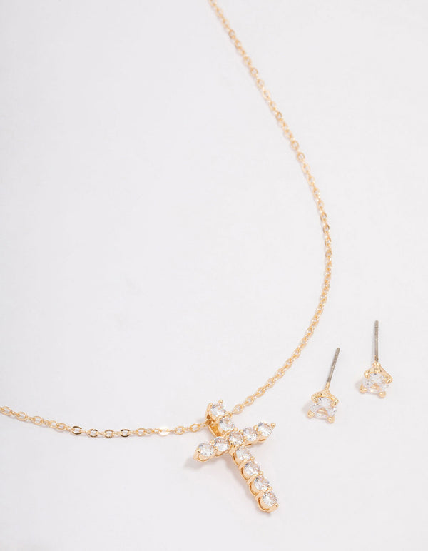 Gold Large Round Cubic Zirconia Cross Jewellery Set