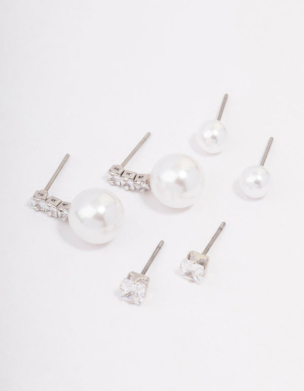 Silver Cubic Zirconia & Pearl Stud Earring 3-Pack