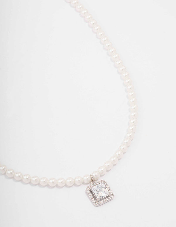 Silver Pearl & Solitaire Diamante Pendant Necklace