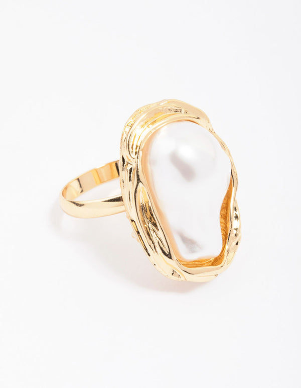 Gold Molten Pearl Statement Ring