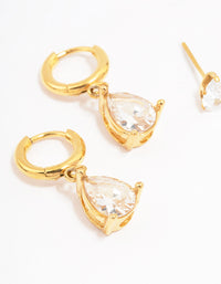 Waterproof Gold Plated Stainless Steel Pear Cut Cubic Zirconia Earrings 2-Pack - link has visual effect only