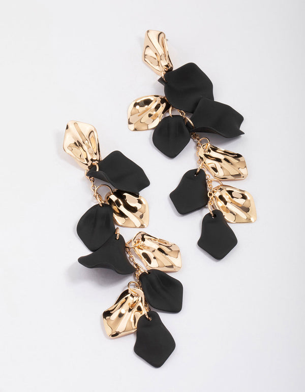 Black & Gold Petal Long Drop Earrings