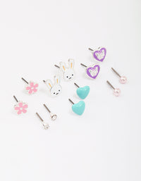 Kids Silver Easter Bunny & Heart Stud Earring 6-Pack - link has visual effect only