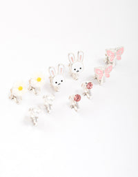 Kids Silver Bunny & Flower Clip On Earring 6-Pack - link has visual effect only