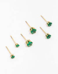 Waterproof Gold Plated Stainless Steel Emerald Cubic Zirconia Stud Earrings 3-Pack - link has visual effect only