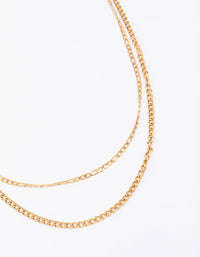 Gold Plated Stainless Steel Layered Curb & Figaro Necklace - link has visual effect only