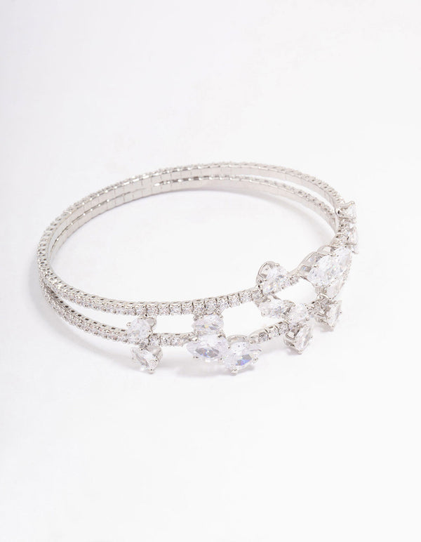 Rhodium Cubic Zirconia Leaf Layered Bangle