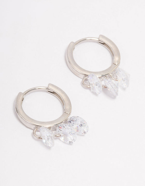 Silver Cubic Zirconia Triple Round Huggie Hoop Earrings