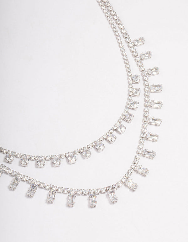 Silver Cubic Zirconia Round Baguette Layered Necklace