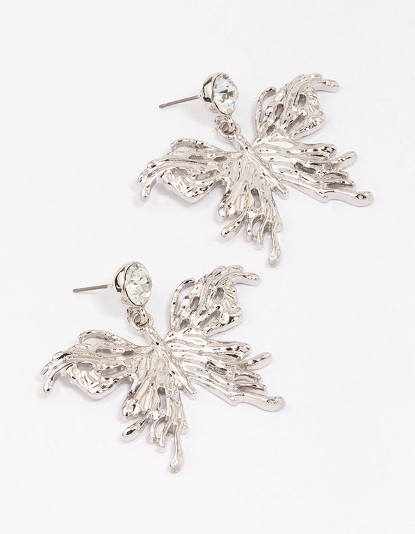 Silver Diamante Goth Butterfly Drop Earrings