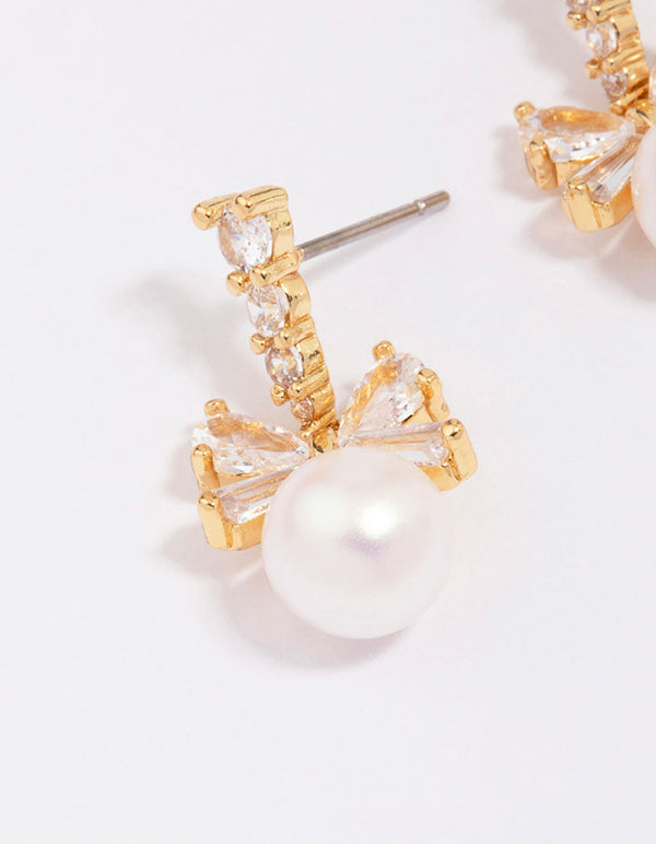 Gold Plated Cubic Zirconia Bow & Pearl Drop Earrings - Lovisa