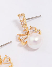 Gold Plated Cubic Zirconia Bow & Pearl Drop Earrings - Lovisa