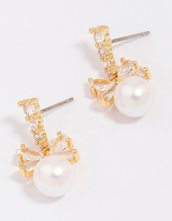 Gold Plated Cubic Zirconia Bow & Pearl Drop Earrings