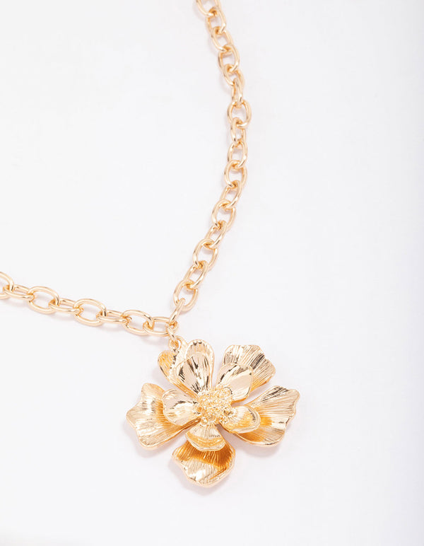 Gold Chain Detail Flower Pendant Necklace