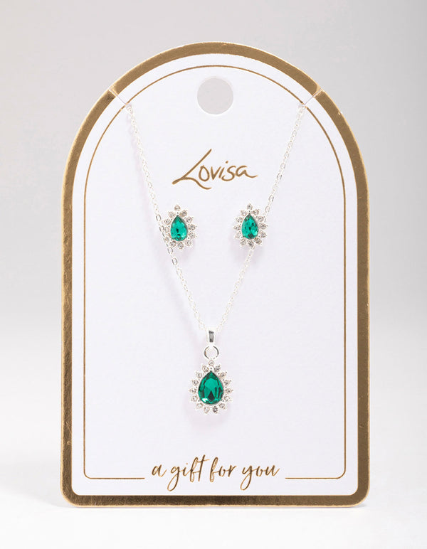 Silver Emerald Teardrop Diamante Jewellery Set Lovisa