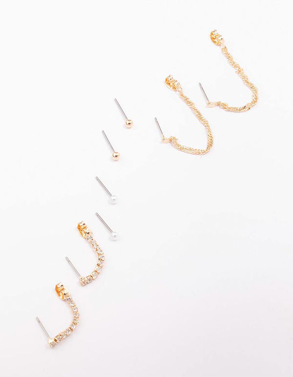 Gold Mixed Chain & Drop Earring 4-Pack