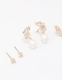 Gold Plated Cubic Zirconia Cluster & Pearl Earring 3-Pack - link has visual effect only