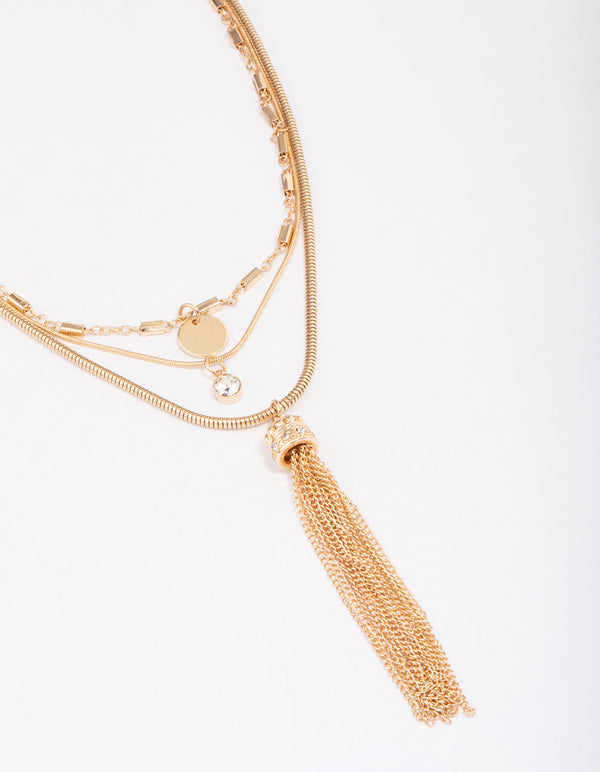 Gold Diamante & Tassel Trio Statement Necklace