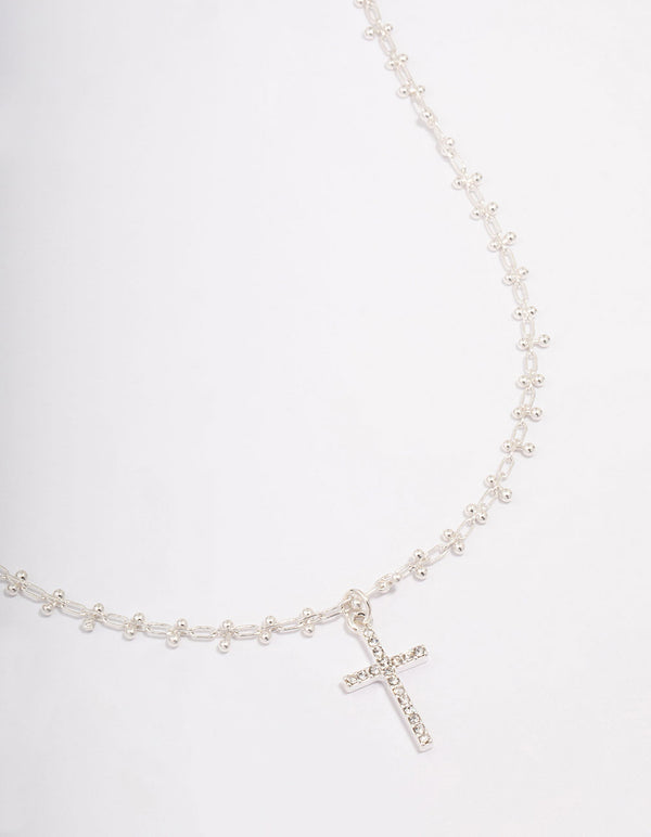 Silver Plated Diamante Cross Ball Link Pendant Necklace