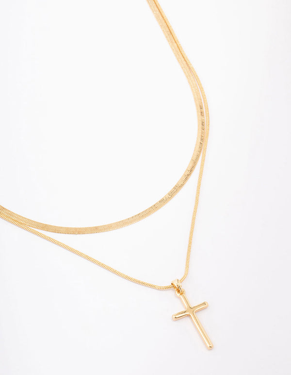 Gold Plated Plain Cross Snake Layered Necklace