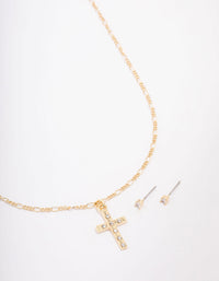 Gold Plated Crystal Cross Pendant Necklace & Stud Earring Set - link has visual effect only