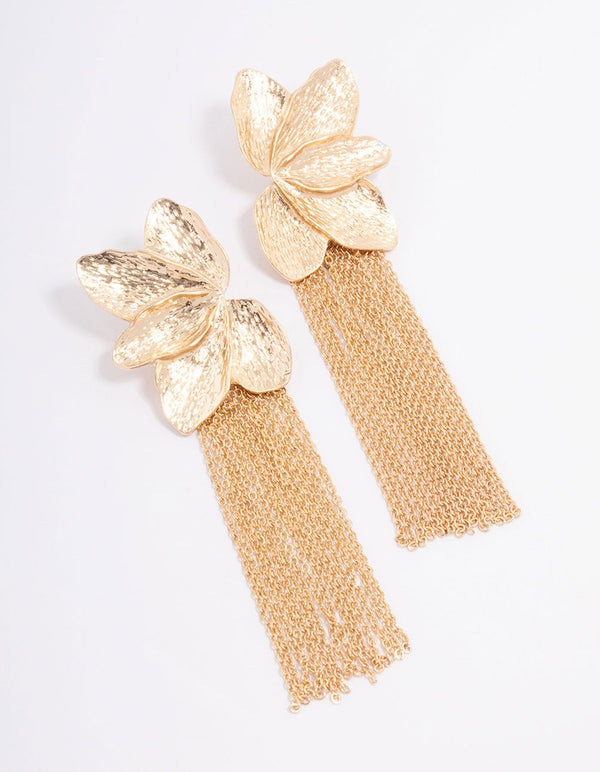 Gold Textured Flower Cupchain Drop Earrings