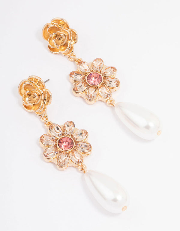 Gold Ornate Flower & Pearl Drop Earrings