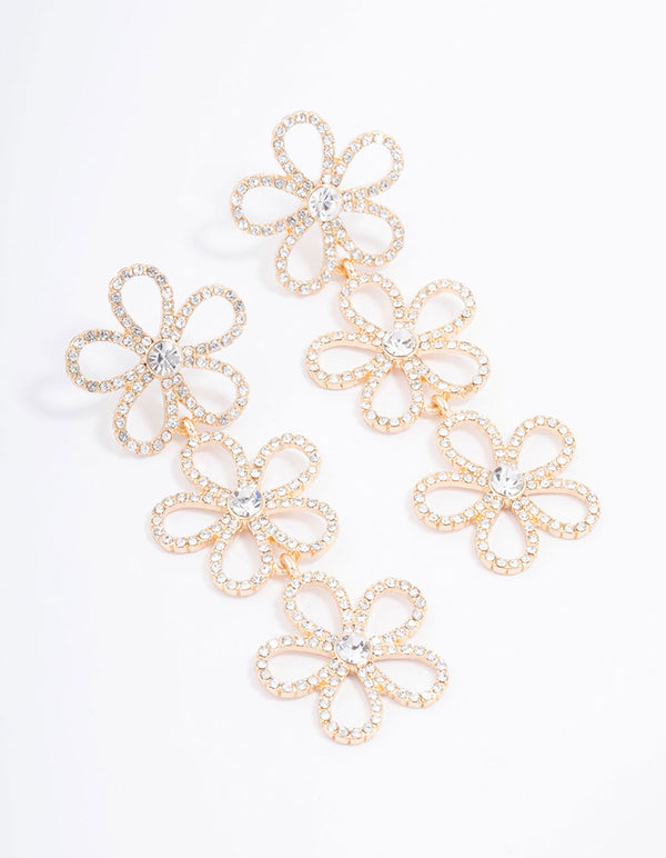 Gold Triple Row Diamante Flower Drop Earrings