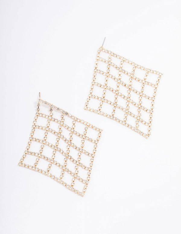 Gold Diamante Cross Net Drop Earrings